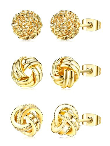 HAIAISO 3 Pairs 14K Gold Plated Knot Earrings For Women Hypoallergenic Small Stud Earring Woven Ball Stud Earrings Knot Post Earrings for Sensitive Ears(14K Gold Plated) | Amazon (US)