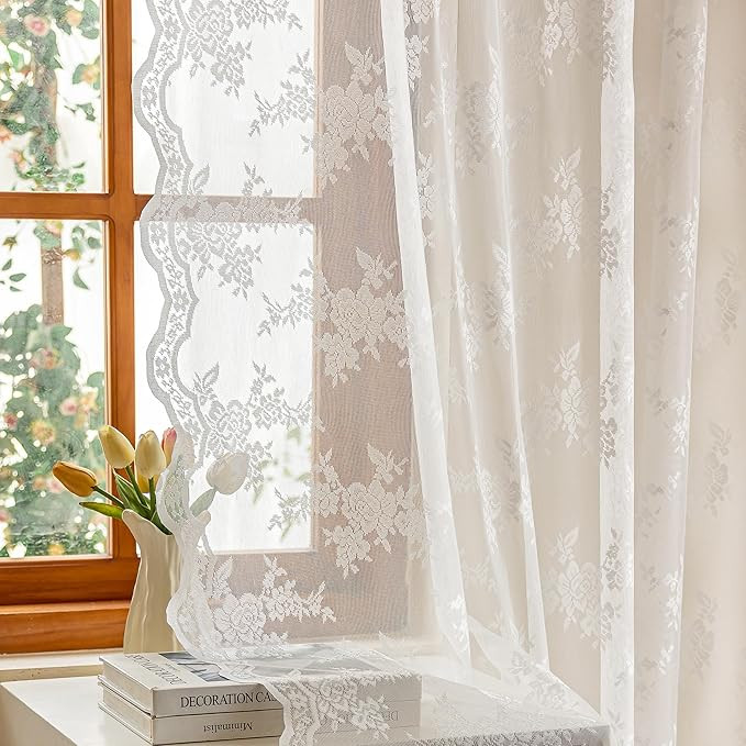 Lace Sheer Curtains 96 Inches Long Vintage Victorian Floral French Country Light Filtering Rod Po... | Amazon (US)