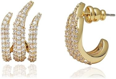 14K Gold Plated Illusion Stud Earrings for Women | Triple Huggie Hoop Earrings for One Hole| Tren... | Amazon (US)