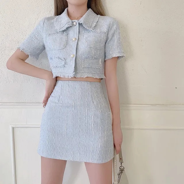 Allizzwell - Tweed Short-Sleeve Crop Top / High-Waist Slim-Fit Skirt | YesStyle | YesStyle Global