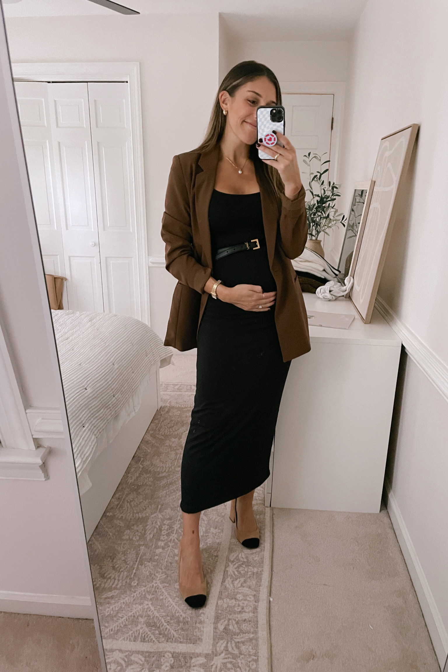 funeral reception outfit / 16 weeks pregnant. 🫶🏼 dress is by Bumpsuit (can’t link it so i linked similar). Heels are sold out but more similar styles I love are added too!