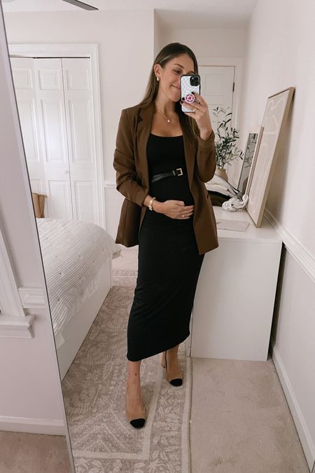 funeral reception outfit / 16 weeks pregnant. 🫶🏼 dress is by Bumpsuit (can’t link it so i linked similar). Heels are sold out but more similar styles I love are added too!