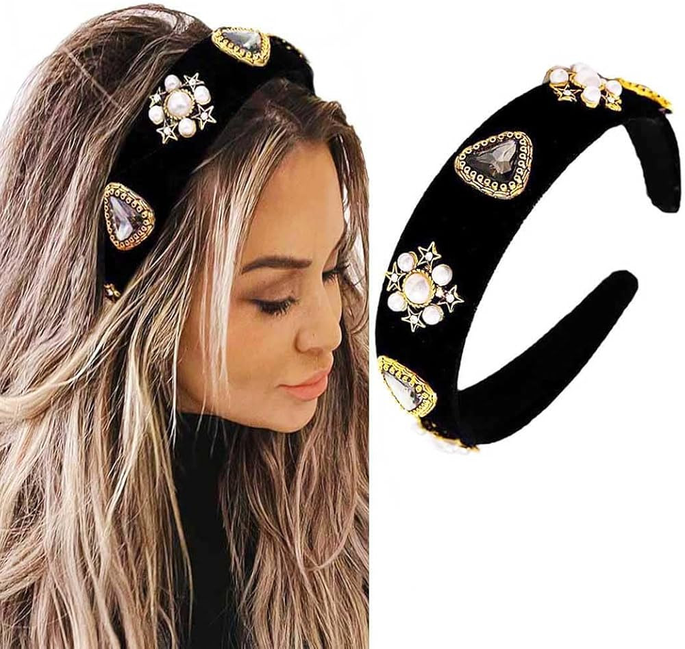 Black Velvet Wide Headbands Rhinestone Jeweled Headband Vintage Baroque Pearl Hair Accessories fo... | Amazon (US)