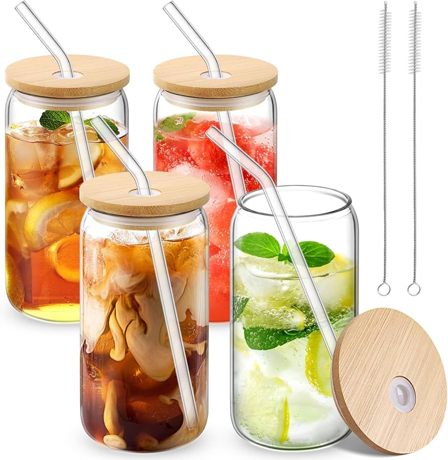 Glass Cups with Lid and Straw, 16oz Beer Glasses Glass Coffee Cups, Iced Coffee Cups with Lid, Gl... | Amazon (US)