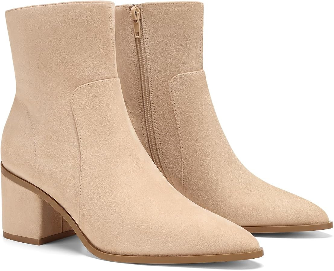 Coutgo Womens Ankle Boots Chunky Low Heel Closed Pointed Toe Zip Booties | Amazon (US)