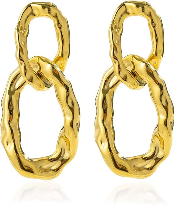 Trendy Modern Chunky Hammered Chain Link Earrings, Irregular Minimalist Earrings in 18K Gold Plat... | Amazon (US)