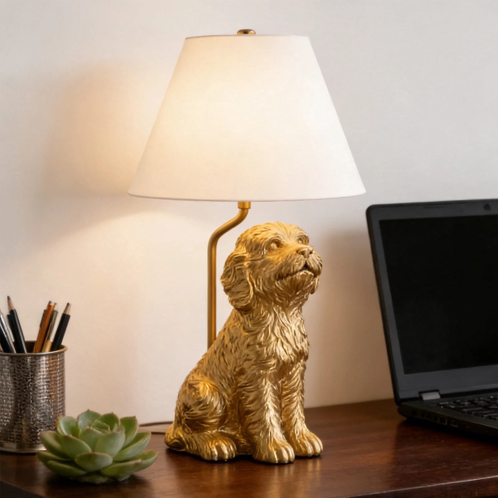Leutsin Golden Doodle Table Lamp with Painted Gold Finish & Tapered Linen Shade,18" H,Modern Nigh... | Walmart (US)