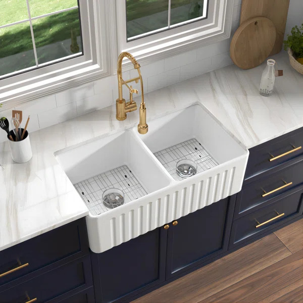 Athena 33" L x 18" W Double Bowl Farmhouse Kitchen Sink with Sink Grid and Basket Strainer | Wayfair North America