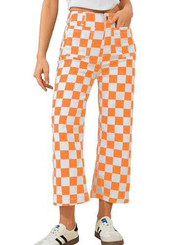Odefou Cropped Jeans for Women Checkered Pants Casual High Waisted Stretchy Straight Leg Trousers with Pockets(Orange Plaid,12) | Amazon (US)