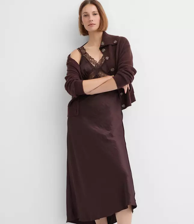 Lace Trim Satin Midi Slip Dress | LOFT