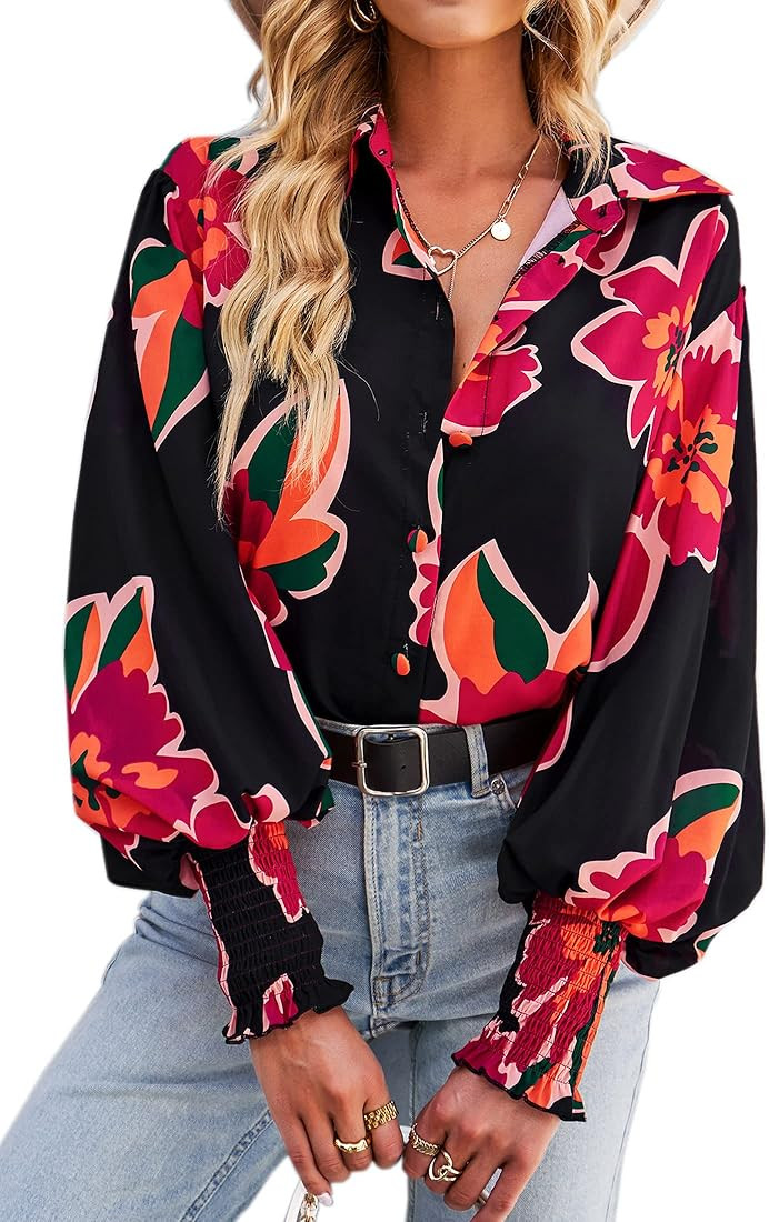 Angashion Womens Shirts Long Sleeve Floral Print Button Down Shirt Casual Loose Blouses Tops | Amazon (US)