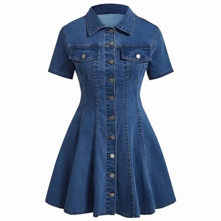 Women Denim Dress Button Down Close Short Sleeve A-Line Cotton Jean Dress XXL | Walmart (US)
