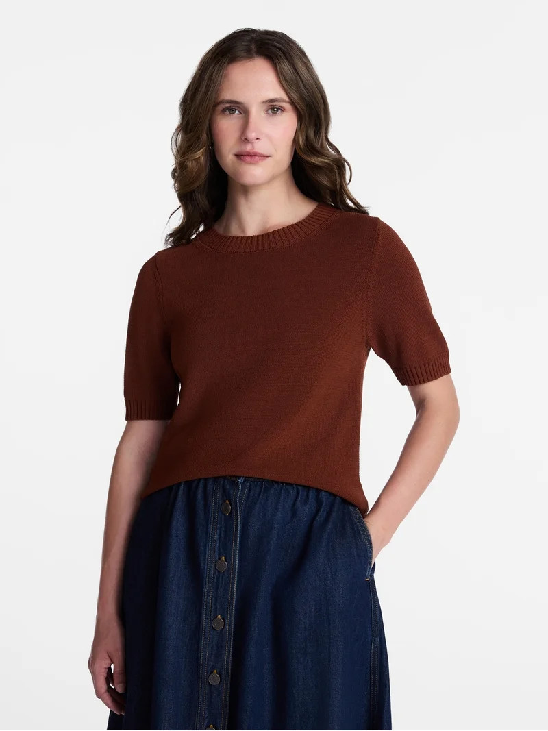 Time and Tru Women's Crewneck Sweater with Short Sleeves, Lightweight, Sizes XS-XXXL | Walmart (US)