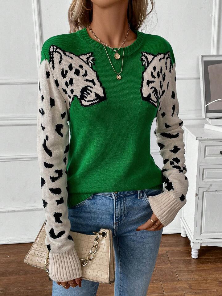 SHEIN Unity Leopard Pattern Drop Shoulder Sweater,Long Sleeve Tops | SHEIN