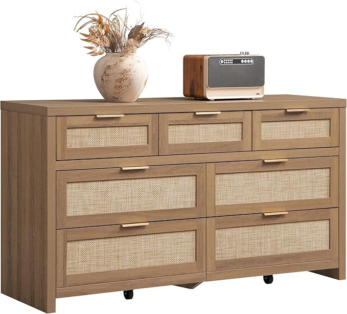 SICOTAS 7 Drawer Dresser for Bedroom, 57" Wide Rattan Dressers, Large Chest of Drawers for Bedroo... | Amazon (US)