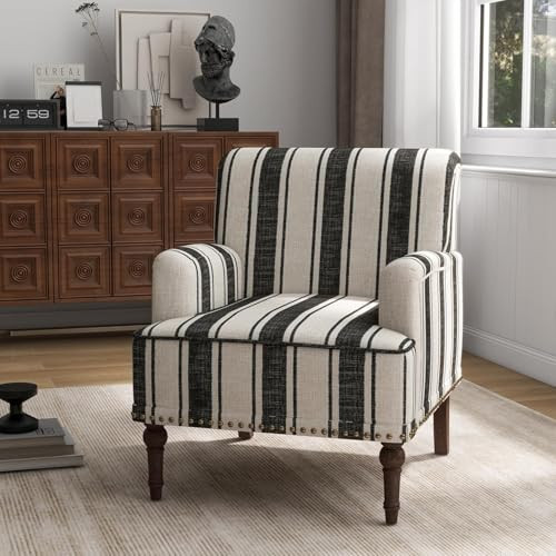 UIXE Stripe Accent Chair, Modern Upholstered Armchair in Fabric for Living Room, Nailhead Trim Club Arm Chair Comfy Single Sofa Bedroom Reading Seat with Wood Legs - Black | Amazon (US)