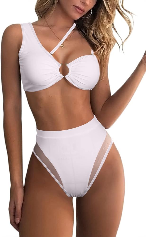 ESONLAR Women's Two Piece Swimsuits One Shoulder Ruched Bikini Top High Waisted Mesh Detail Thong Ba | Amazon (US)