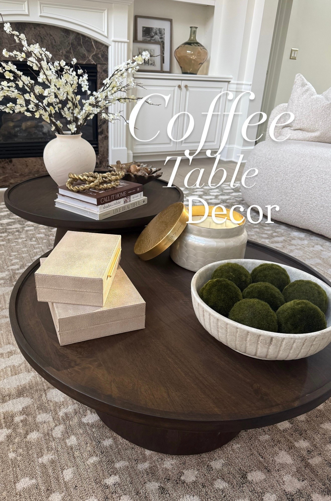 Everything from my coffee table is here! The candle is the best anchor though! It’s big, takes up space and smells good! The boxes are functional and aesthetically pleasing and the greenery and floral bring life to the space!