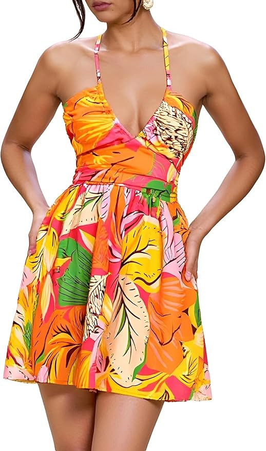 Women's Tropical Print Tie Backless Mini Dress Deep V Neck A Line Flowy Vacation Dresses | Amazon (US)