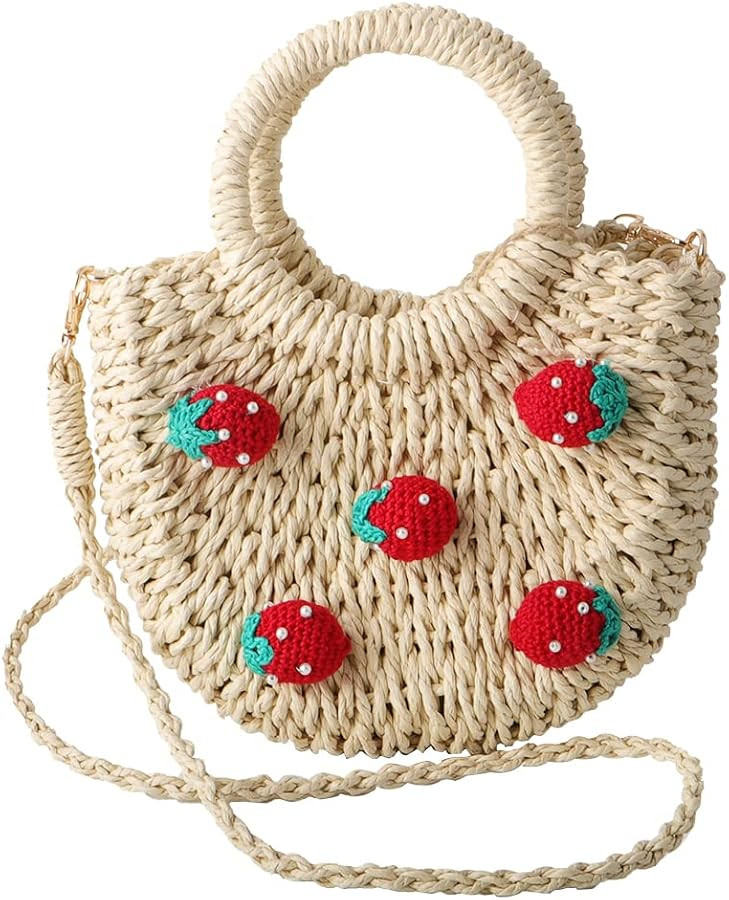 Mini Semi-circle Rattan Straw Handbags, Hand-woven Women Summer Retro Straw Tote Bag with Dolls | Amazon (US)