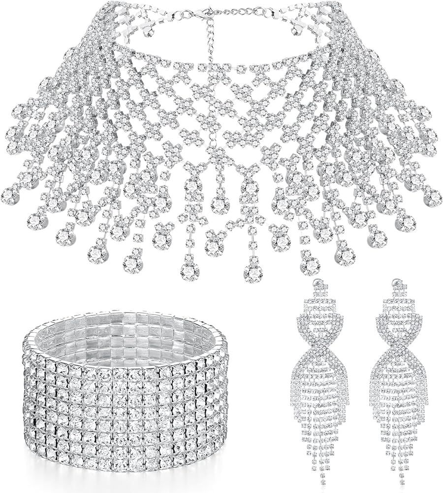 3 Pcs Women Crystal Jewelry Set Includes Bridal Wedding Rhinestone Choker Necklace Crystal Bracel... | Amazon (US)