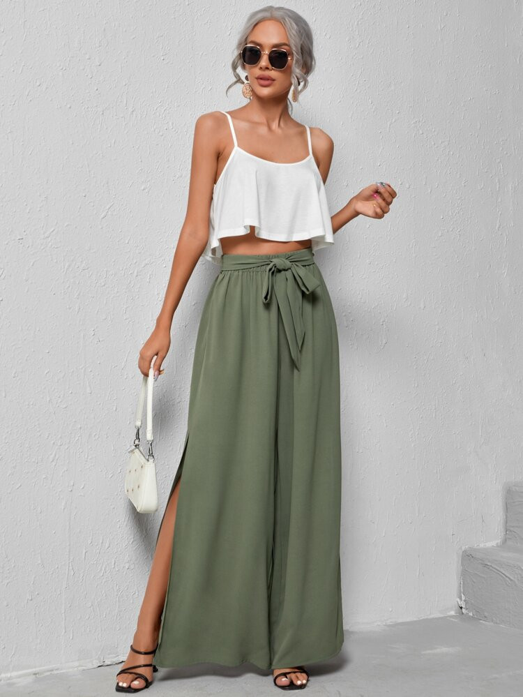 Cami Top & Belted Split Tight Pants | SHEIN