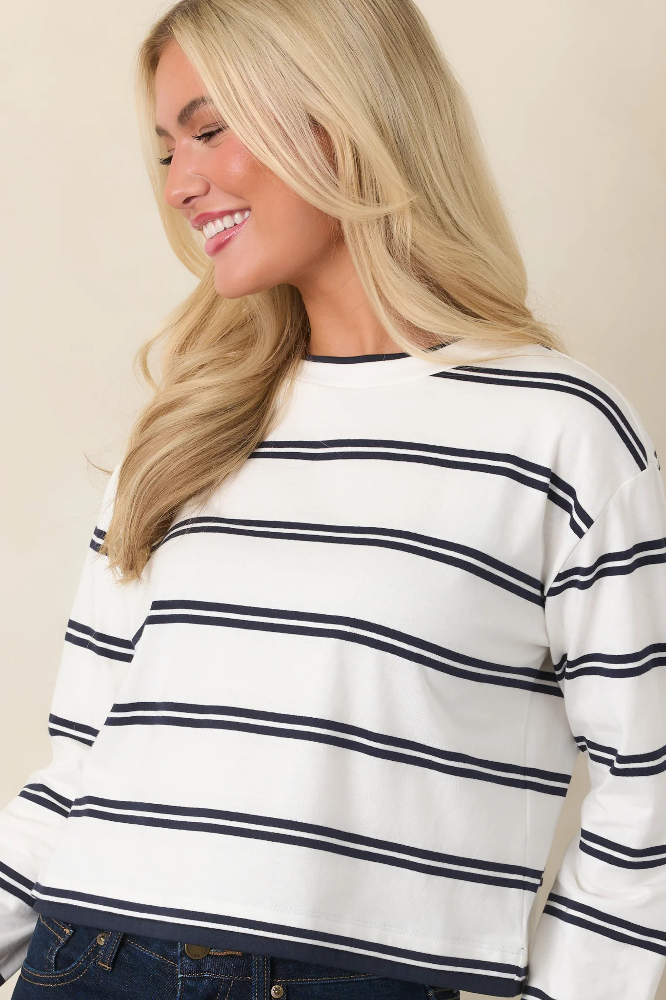 Good American Navy Double Stripe Cotton Long Sleeve Layered Tee | Red Dress