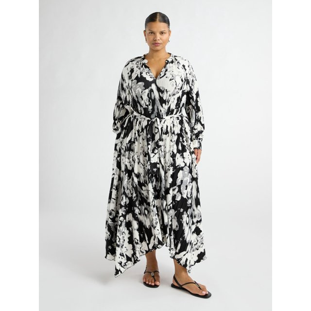 Scoop Women’s and Women's Plus Pleated Handkerchief Hem Dress with Long Sleeves, Sizes XS-4X | Walmart (US)