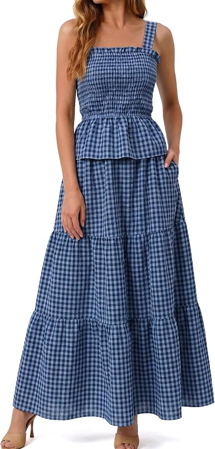 Glamaker Womens 2 Piece Skirt Sets Summer Gingham Plaid Tank Tops Maxi Skirt Casual Travel Vacati... | Amazon (US)