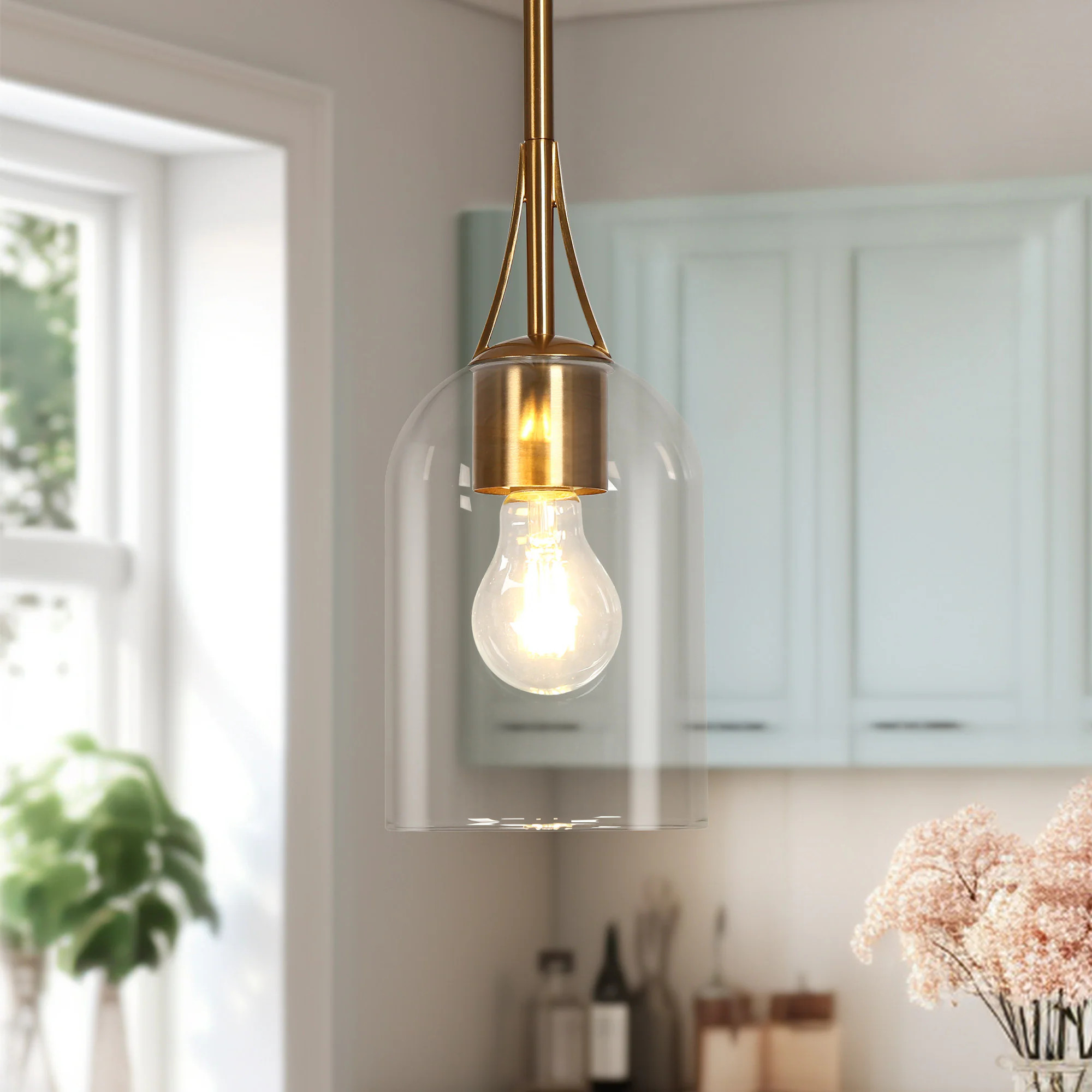 LNC Contrafyre 1 -Light Polished Gold Modern/contemporary Clear glass Cylinder Mini Hanging Kitchen Island Light one_size | LNAQMU25230C9C | Lowe's