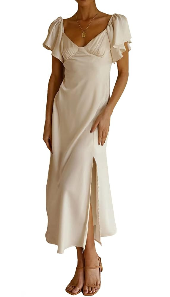2023 Summer Women's Satin Off Shoulder Formal Dress Wedding Guest Elegant Butterfly Sleeve Split ... | Amazon (US)