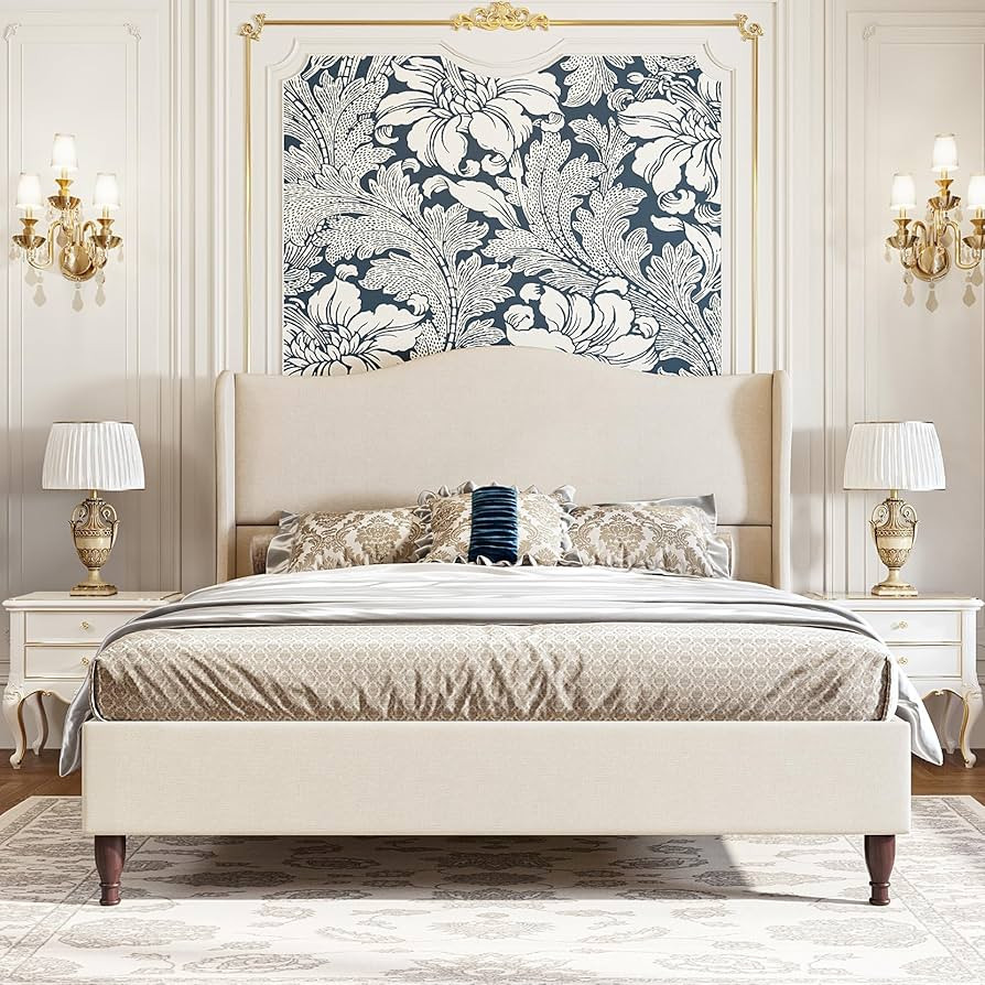 Queen Size Bed Frame Upholstered Platform Bed with 51" Tall Headboard Wingback, Soft Fabric, Retr... | Amazon (US)