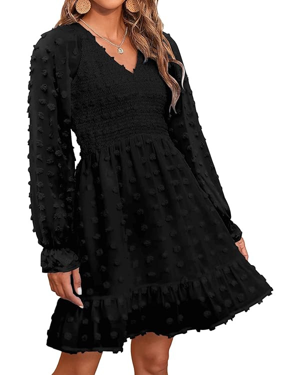 BTFBM Women V Neck Smocked Short Dress Long Sleeve Flowy Casual Swiss Dot Ruffle Chiffon Mini Sum... | Amazon (US)