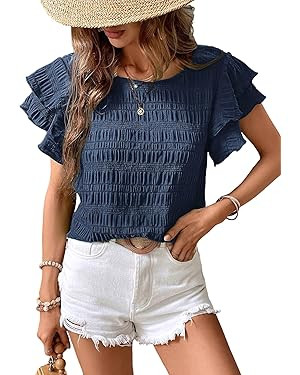Milumia Women's Layer Ruffle Butterfly Sleeve Top Casual Summer Crewneck Blouse | Amazon (US)