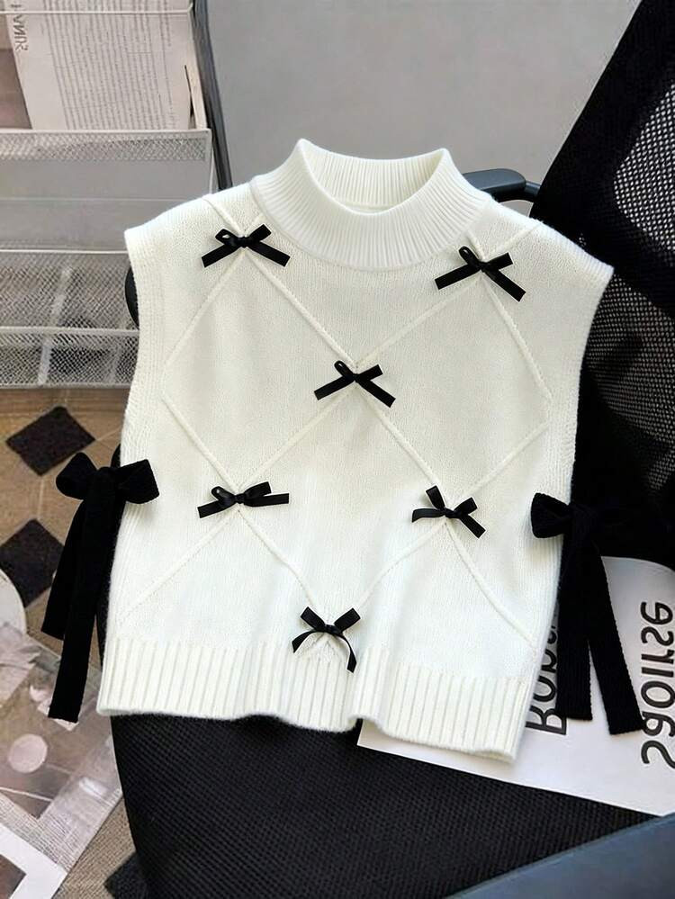 GlowEve Women's Autumn/Winter Bow Decor Turtleneck Knitted Vest | SHEIN