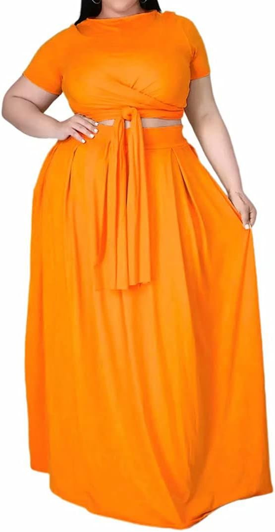 IyMoo Womens Plus Size 2 Piece Dress Outfits Short Sleeve Bandage Wrap Empire Crop Tops and Skirt... | Amazon (US)
