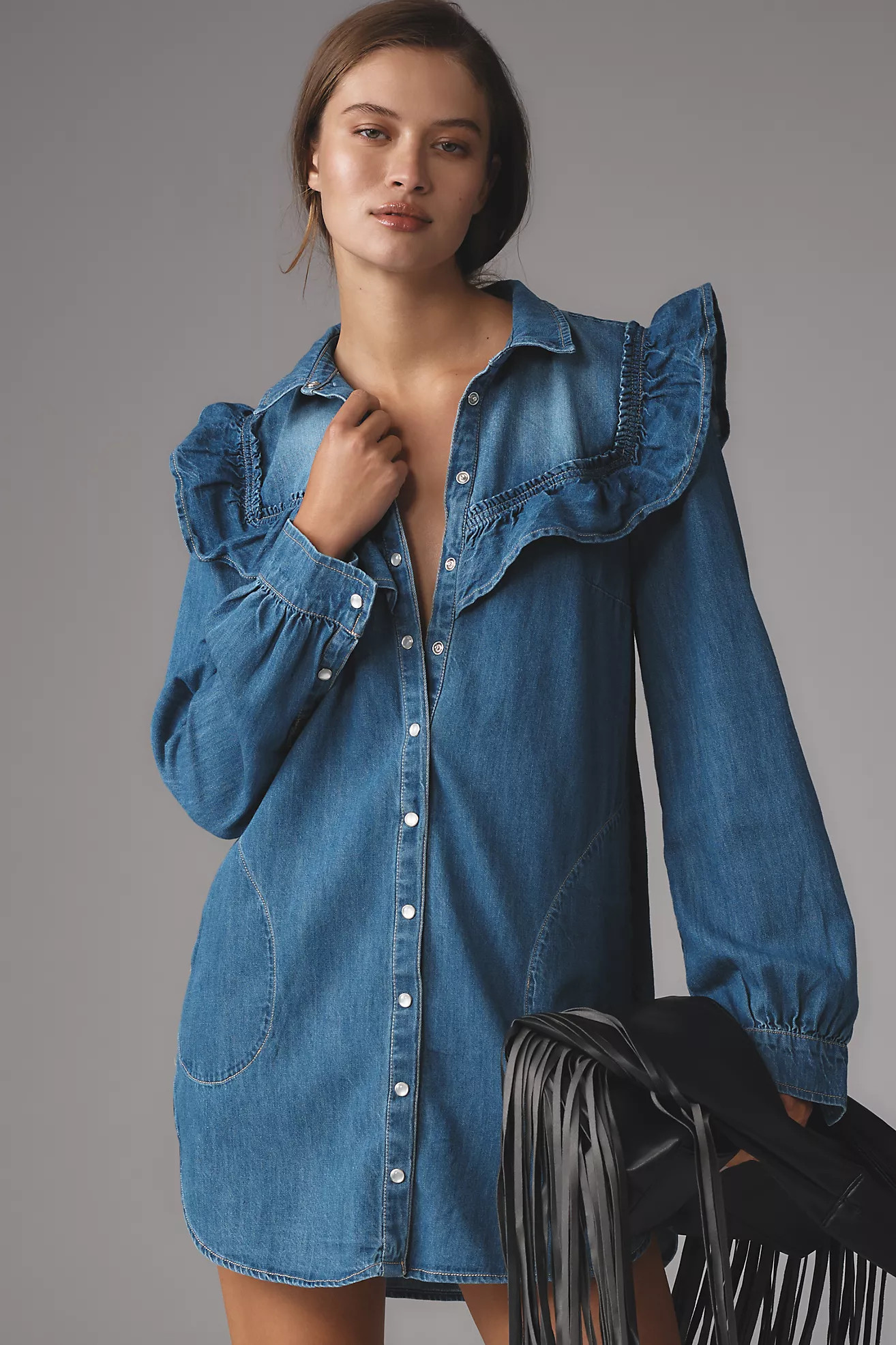 Pilcro Long-Sleeve Ruffled Denim Mini Shirt Dress | Anthropologie (US)