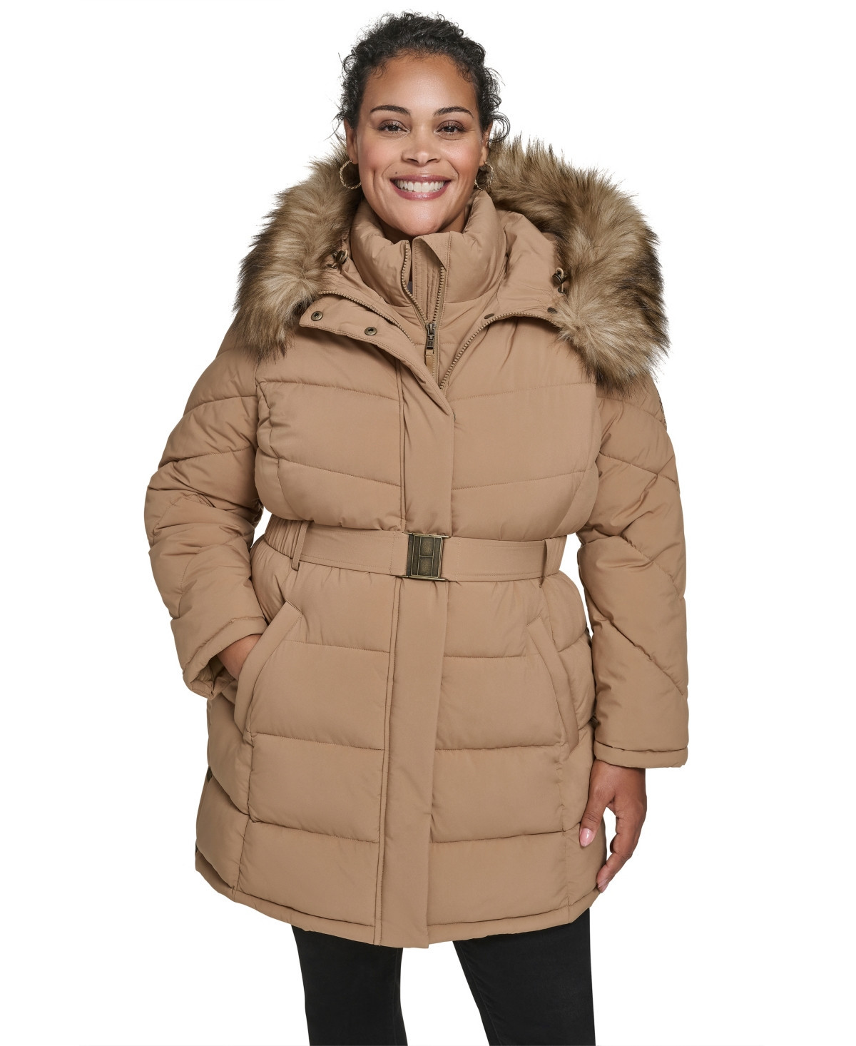 Tommy Hilfiger Plus Size Hooded Puffer Coat - Camel | Macy's