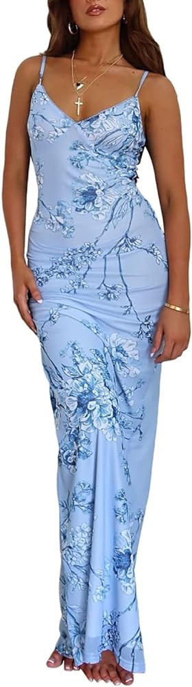 Women Vintage Spaghetti Strap Maxi Dress Sexy Low Cut Backless Floral Satin Slip Long Dress Y2k C... | Amazon (US)