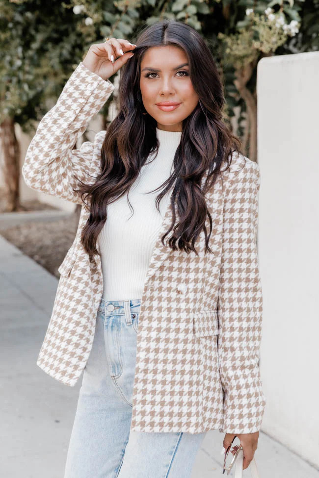In Mysterious Ways Tan Houndstooth Blazer | Pink Lily