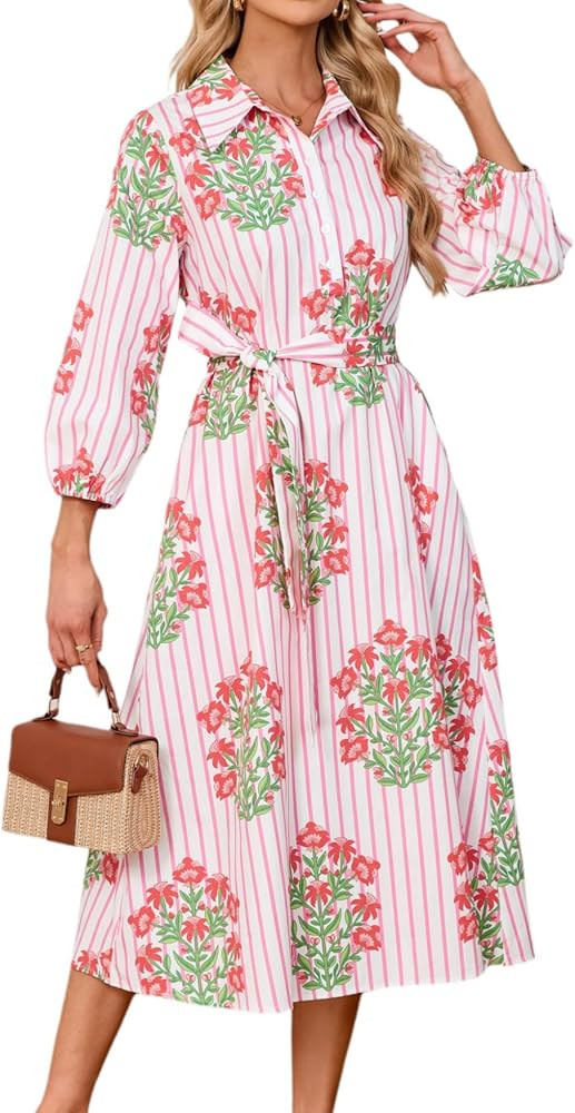 Womens Spring 2026 Casual Floral 3/4 Puff Sleeve Midi Shirt Dresses Button Down Belted Dress with... | Amazon (US)
