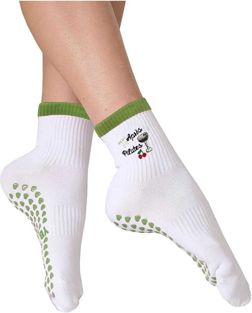 YBYBfit Women's Cute Grip Pilates Socks Non-Slip Crew Yoga Barre Socks with Colored cuff & Embroi... | Amazon (US)