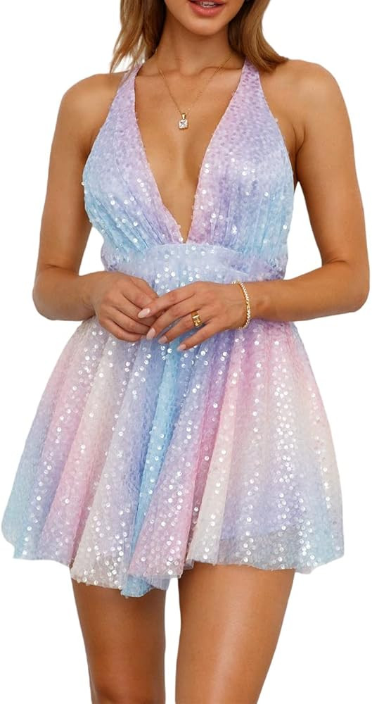 Women Sparkly Tassels Fringe Flapper Dress Deep V Neck Spaghetti Sequin Glitter Mini Dance Dress ... | Amazon (UK)