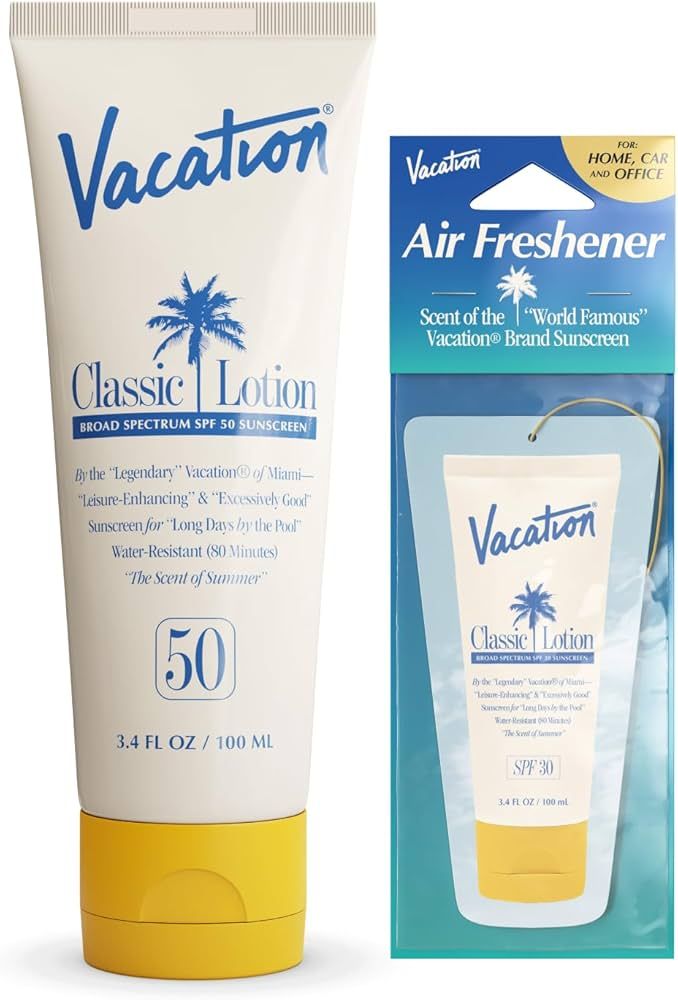 Vacation Classic Sunscreen Lotion SPF 50 + Air Freshener Bundle, Water Resistant Broad Spectrum S... | Amazon (US)