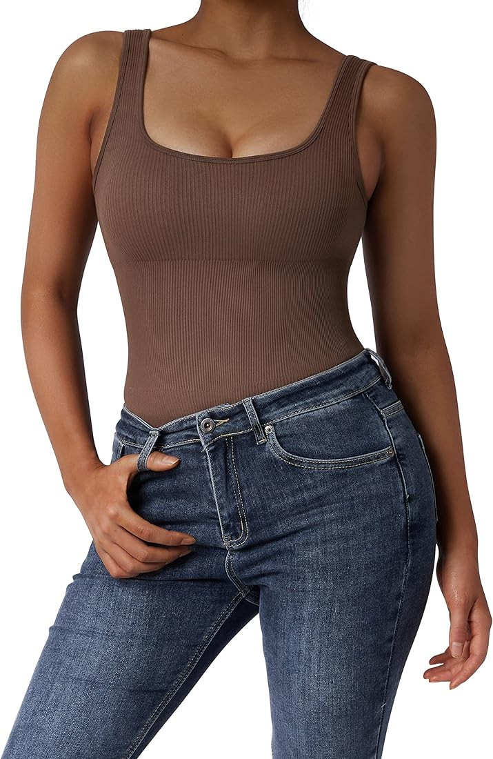 SUUKSESS Women Ribbed Sexy Bodysuit Sleeveless Square Neck Padded Tank Top | Amazon (US)
