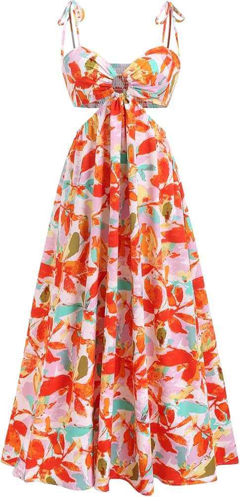 SOLY HUX Women's Floral Print Cut Out Dress Tie Shoulder Sleeveless Boho Vacation Long Flowy Dres... | Amazon (US)