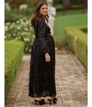 x Nicola Bathie Nicola Sequin Crew Neck Long Sleeve Belted Feathered A-Line Midi Dress | Dillard's