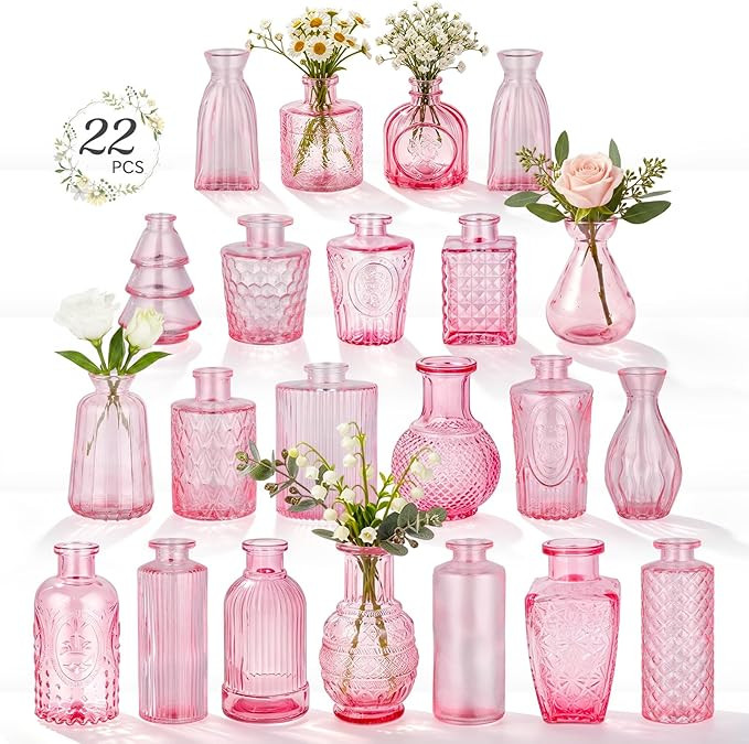 RUCKAE 22 Pack Pink Small Vases Glass Mini Bud Vase in Bulk Vintage Pink Flower Vases for Wedding... | Amazon (US)