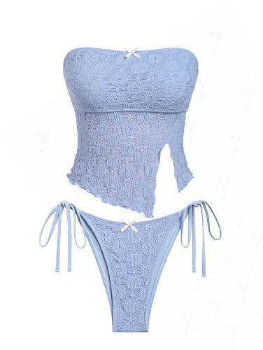 seamoly Lace Asymmetrical Slit Bowknot Decor Tie Side Tankini Set, Sky Blue, L | Amazon (US)