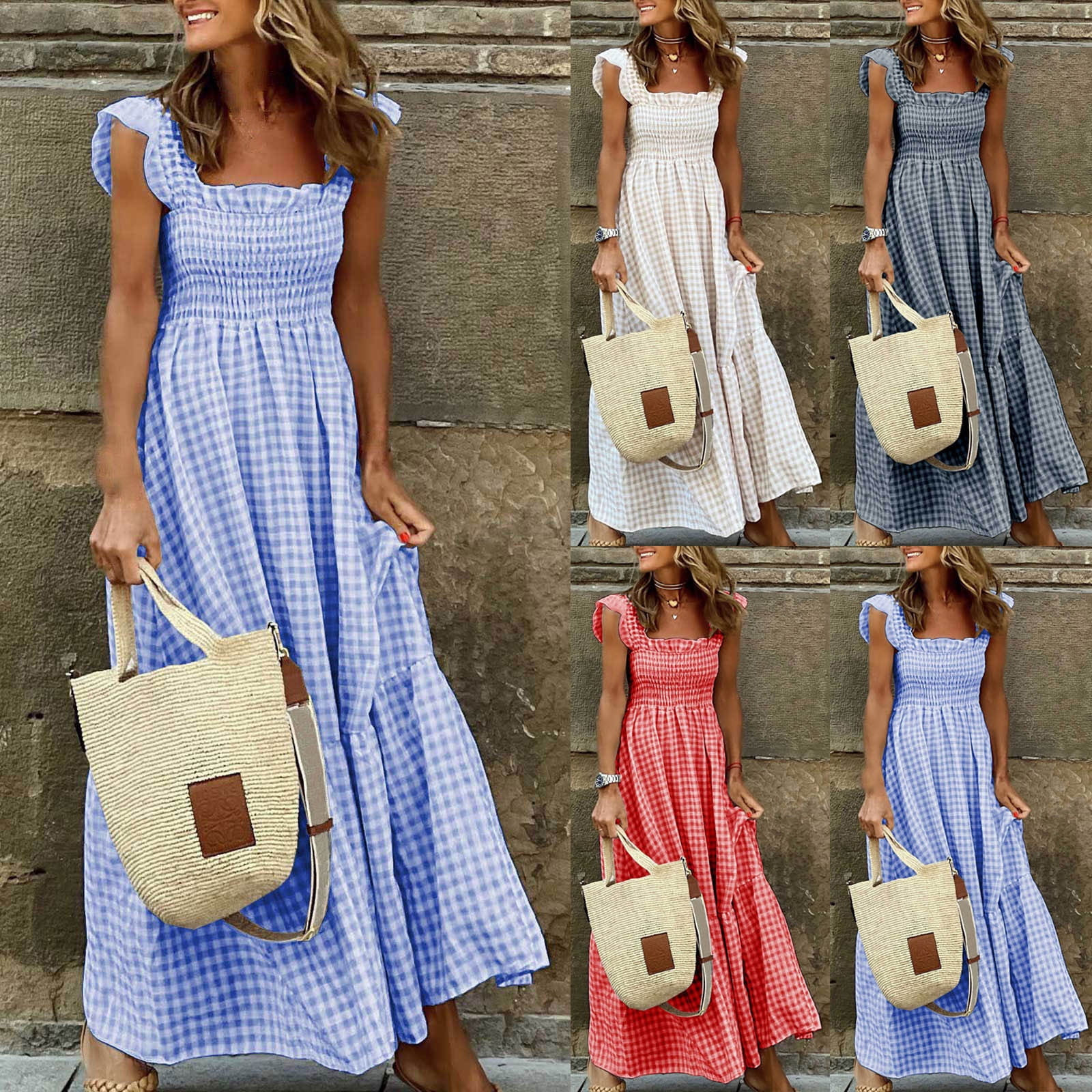 VBVC Women's Gingham Ruffle Sleeve Maxi Dress,Ladies Smocked Bodice Tiered Long Dress,Summer Squa... | Walmart (US)